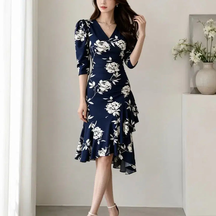 [BUNJANG] Flower Puff Shirring Mermaid Wrap Dress (Navy) / 플라워 퍼프 셔링 머메이드 랩원피스 (하객룩/데이트룩/로브)ㅡ무배