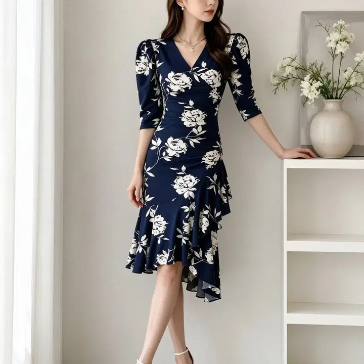 [BUNJANG] Flower Puff Shirring Mermaid Wrap Dress (Navy) / 플라워 퍼프 셔링 머메이드 랩원피스 (하객룩/데이트룩/로브)ㅡ무배