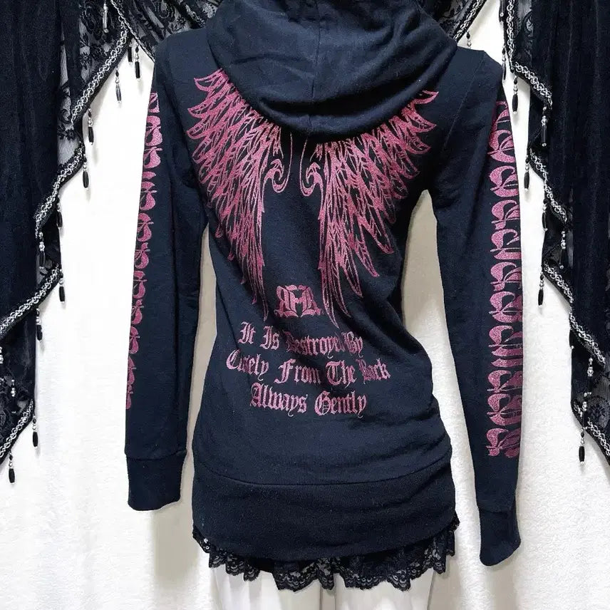[SOLD OUT] 고스펑크 y2k 와투케 갸루 블랙핑크 레터링 글리터 날개 후드집업 핀터
