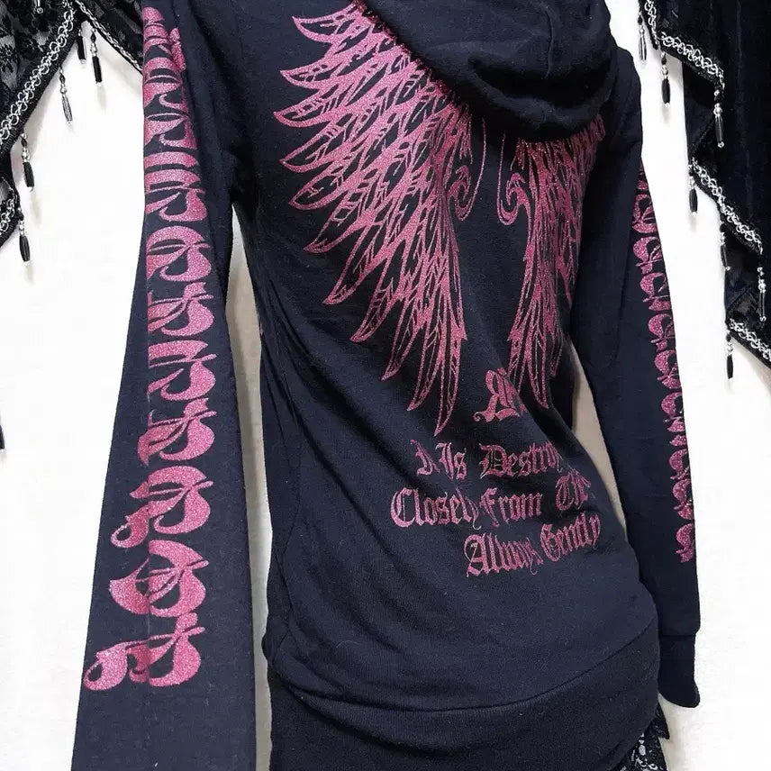 [SOLD OUT] 고스펑크 y2k 와투케 갸루 블랙핑크 레터링 글리터 날개 후드집업 핀터