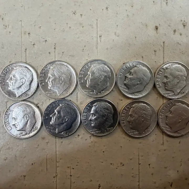 [BUNJANG] USA Roosevelt Dime Silver Coins (90% Silver) - Bundle of 10 / 미국 루즈벨트 다임 은화 (실버90%) 10개 일괄