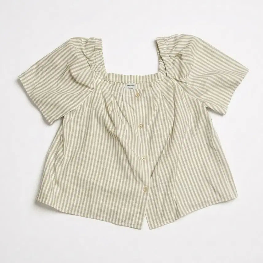 [BUNJANG] Jucycouture Beige Stripe Square Neck Puff Sleeve Blouse / 쥬시꾸뛰르 베이지 스트라이프 블라우스 스퀘어넥 퍼프소매