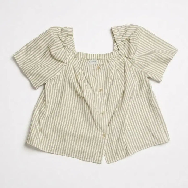 [BUNJANG] Jucycouture Beige Stripe Square Neck Puff Sleeve Blouse / 쥬시꾸뛰르 베이지 스트라이프 블라우스 스퀘어넥 퍼프소매