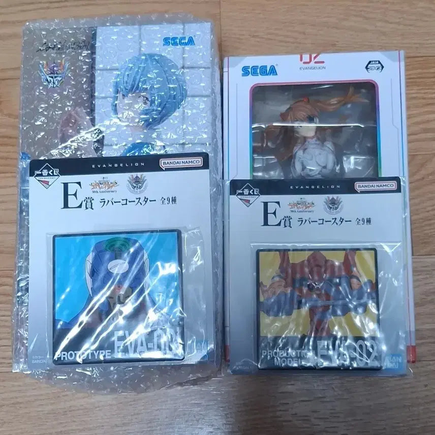 [BUNJANG] Evangelion Rei &amp; Asuka Figure 2 Types &amp; Ichiban Kuji Rubber Coaster 2 Types Set / 에반게리온 레이 아스카 피규어 2종 &amp; 제일복권 러버 2종 코스터 세트
