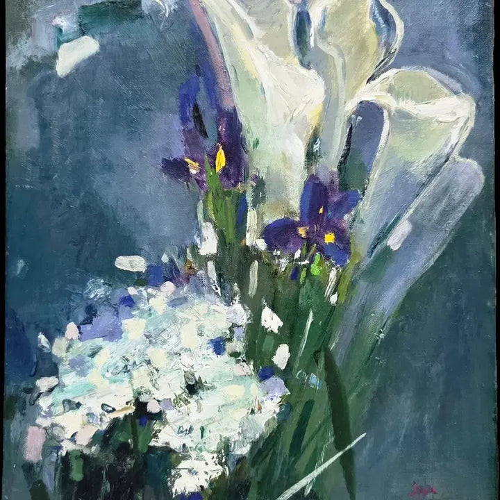 [BUNJANG] Lee Maria "Untitled" (Floral Still Life) 2010 Oil Painting on Canvas (8F) / 서양화가 (이마리아)화백  꽃 그림 유화 8호(F) (카라, 아이리스)