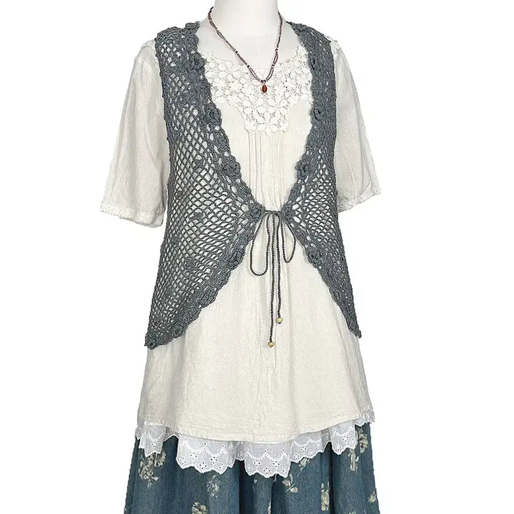 [BUNJANG] Earth Music &amp; Ecology Knit Crochet Vest - Grey / 일본빈티지 어스뮤직 뜨개그물크로셰크로쉐 조끼그레이 모리걸하구미룩갸루y2k