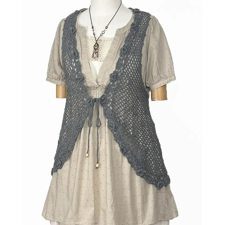 [BUNJANG] Earth Music &amp; Ecology Knit Crochet Vest - Grey / 일본빈티지 어스뮤직 뜨개그물크로셰크로쉐 조끼그레이 모리걸하구미룩갸루y2k