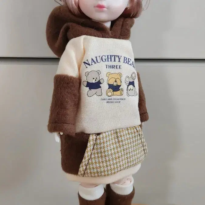 [BUNJANG] Ball-Jointed Doll with Cute Bear Hoodie and Plaid Skirt Set / 구체관절인형
