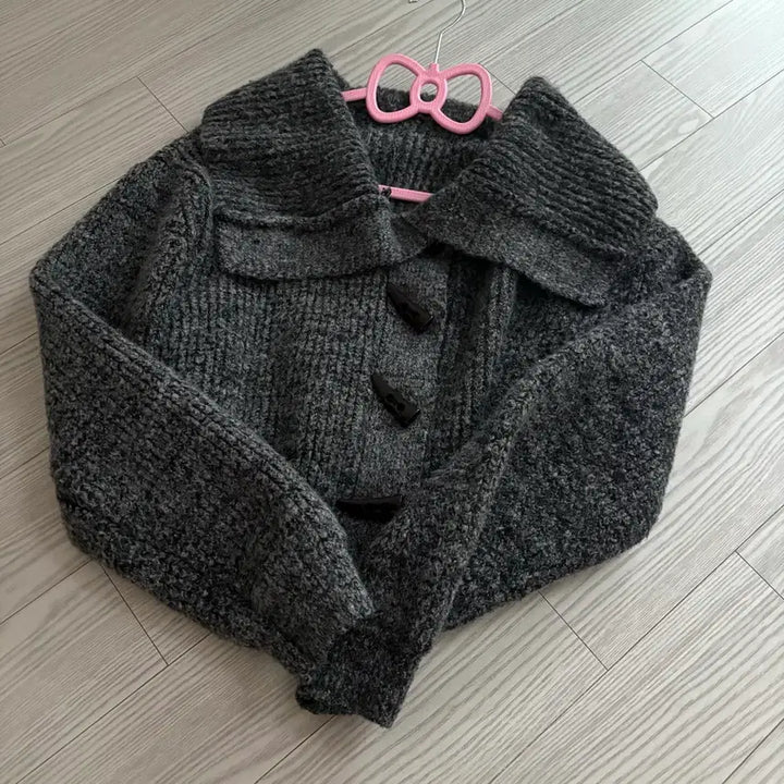 [BUNJANG] Two-Way Charcoal Gray Cropped Knit Off-Shoulder Sweater / 투웨이 차콜 그레이 도톰 반크롭 니트 오프숄더 하이넥 가능