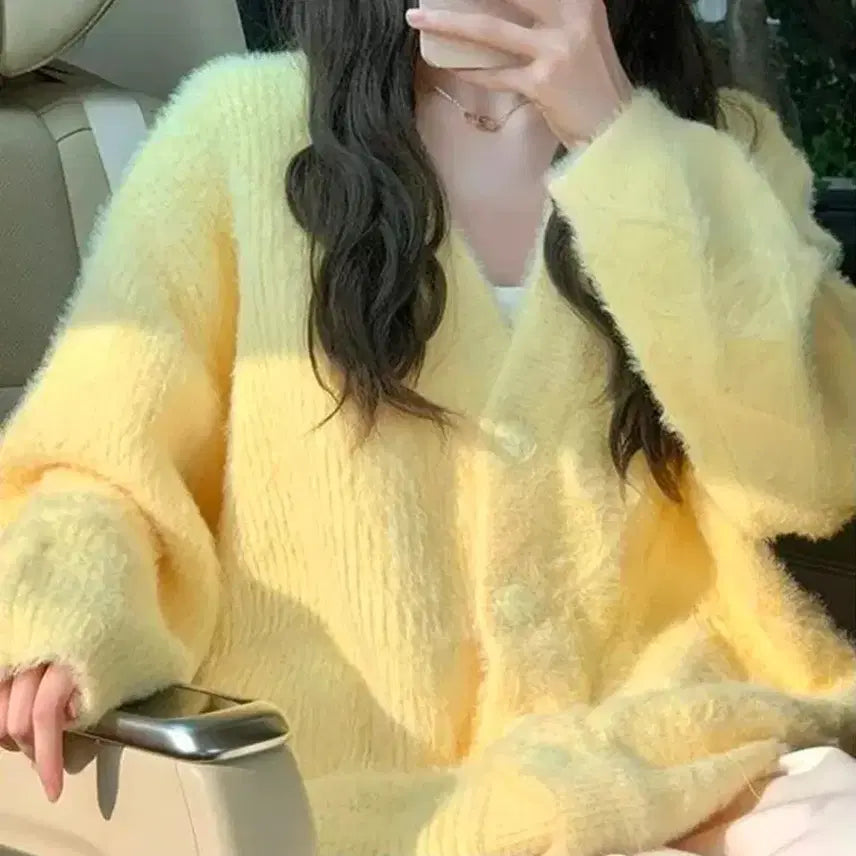 [BUNJANG] Angora Fur V-Neck Knit Sweater Cardigan / 앙고라 퍼 스웨터 가디건 브이넥 니트