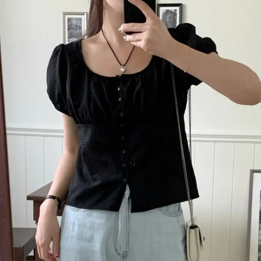 [BUNJANG] Mood in Slow Marcel Shirring Summer Short-Sleeve Blouse - Black / 무드인슬로우 반팔블라우스