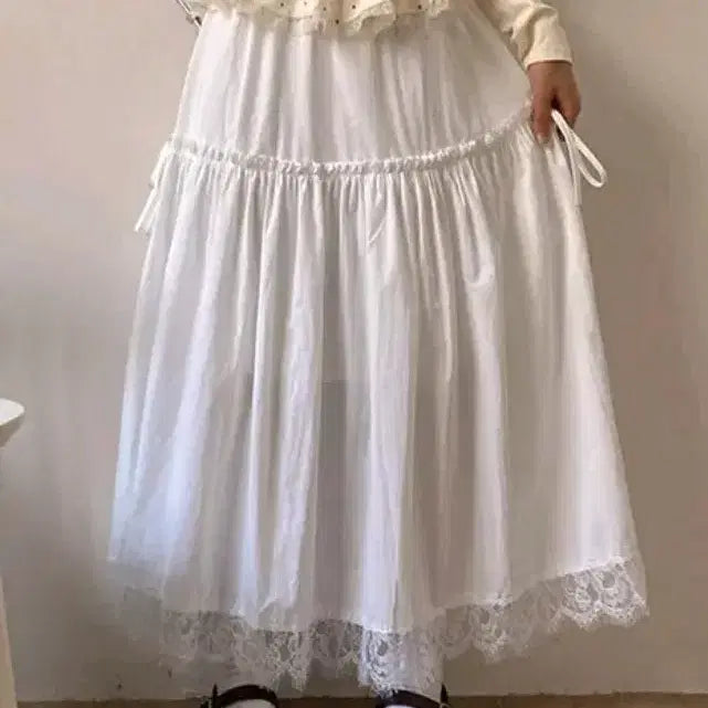 [BUNJANG] Mori Girl Ribbon Long Skirt White Vintage / 모리걸 리본 롱스커트 화이트 빈티지
