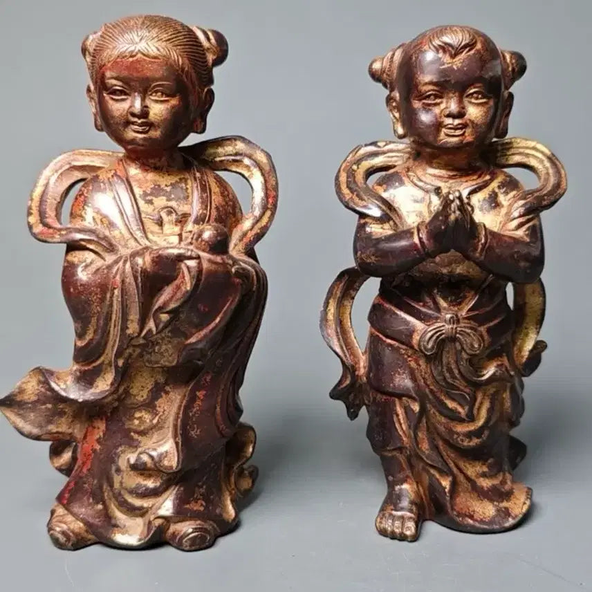 [BUNJANG] Pair of Gilt Bronze Boy Buddha Statues / 동제 개금 동자상 불상 한쌍 골동품 고미술품 수집품 금도금
