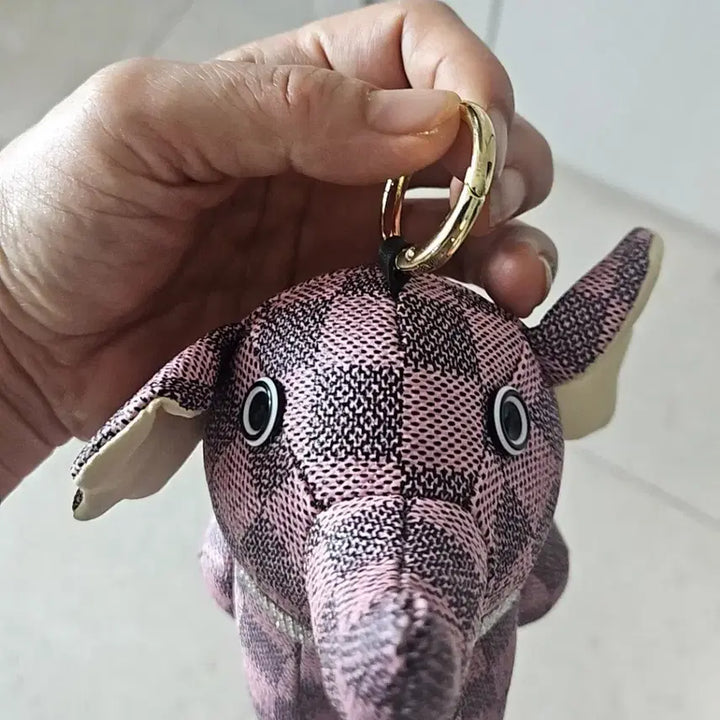 [BUNJANG] Pink Check Elephant Leather Keyring Charm / 특이한 핑크 체크 코끼리가죽  키링 인형