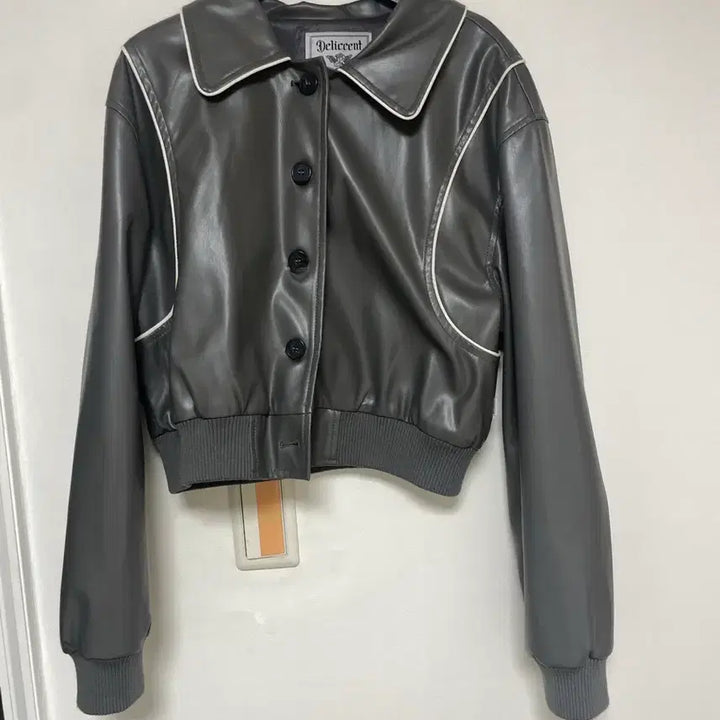 [BUNJANG] Delicent Leather Piping Crop Jumper Charcoal / 델리센트 레더 파이핑 크롭 점퍼 차콜