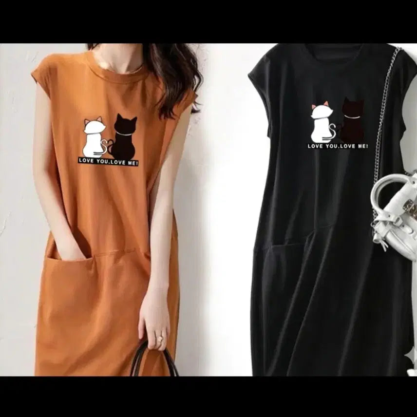 [BUNJANG] Cat Printing Midi Dress / 고양이 프린팅 원피스 (무료배송)