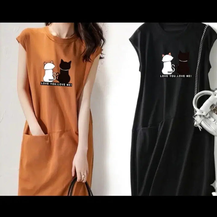 [BUNJANG] Cat Printing Midi Dress / 고양이 프린팅 원피스 (무료배송)