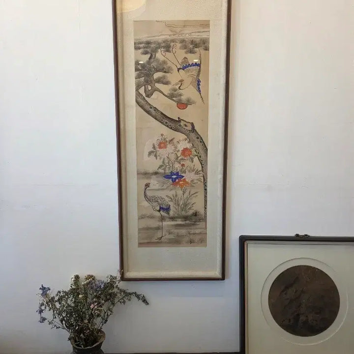 [BUNJANG] Antique Joseon Dynasty Folk Painting: Songhakdo (Pine Tree and Crane) / 골동품 조선시대 민화 송학도
