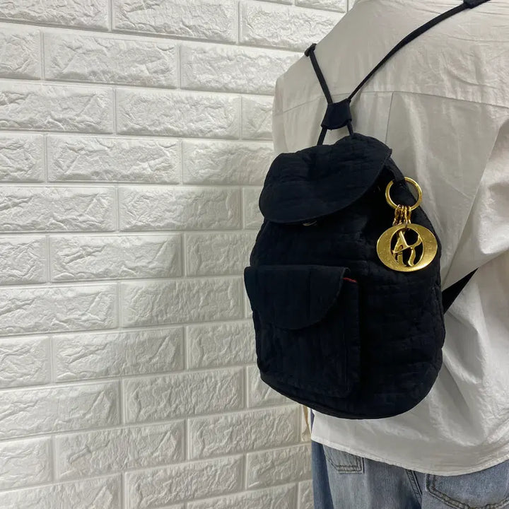 [BUNJANG] Dior Vintage Cannage Quilted Black Fabric Drawstring Backpack with Gold Charm / Dior/빈티지 디올 까나쥬 골드 참 블랙 패브릭 퀄팅 드로스트링 백팩