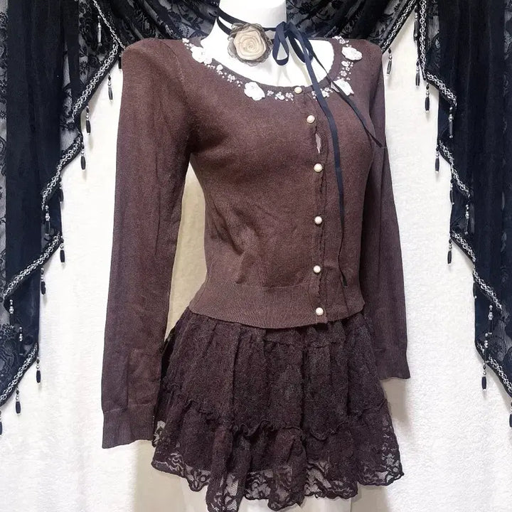 [SOLD OUT] 로디스포토 진주 큐빅 가디건 라떼갸루 로맨틱 로걀탑 핀터 모리 러블리