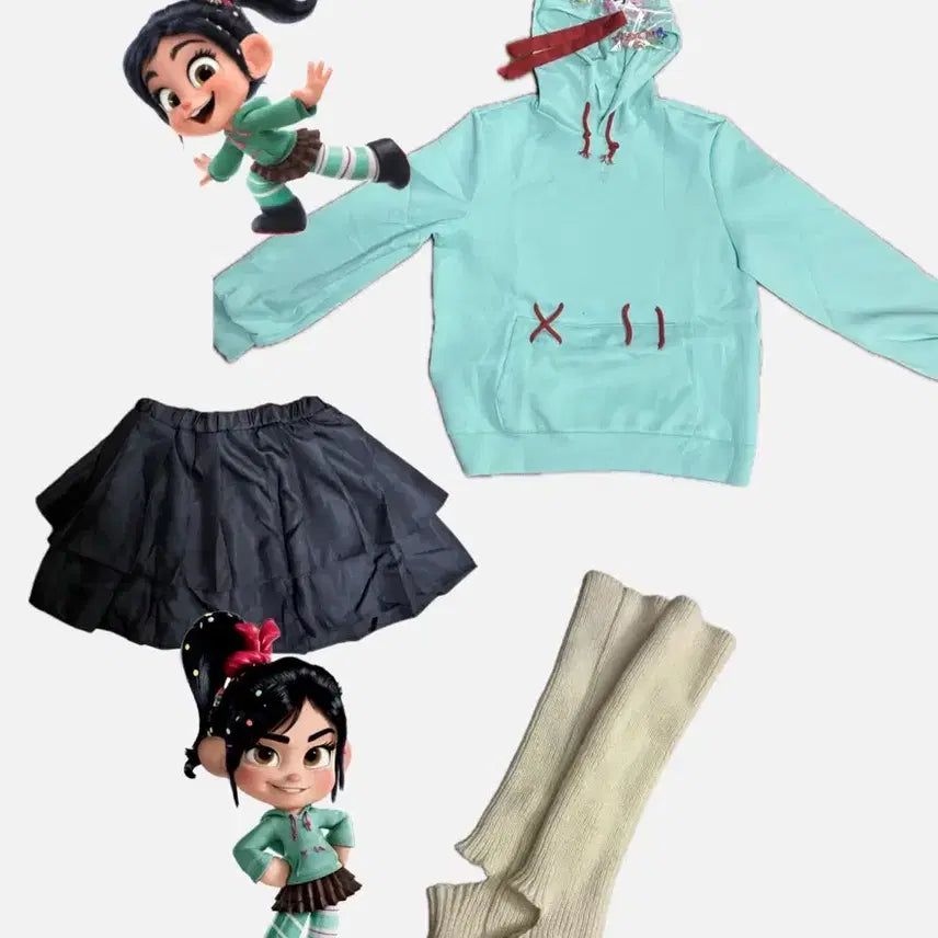 [BUNJANG] Vanellope Von Schweetz Cosplay Costume Set (Hoodie + Skirt + Knee Socks + Pins) / 졸업사진 바넬로피 코스프레 의상 세트 (후드티+스커트+니삭스+삔)