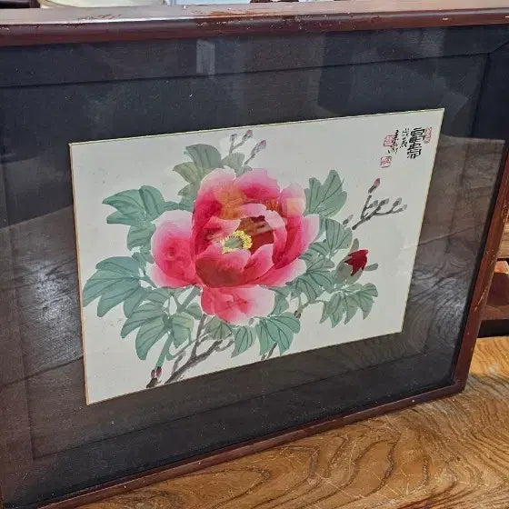 [BUNJANG] Antique Peony Painting Wooden Frame / 오래된. 목단화.    52 42