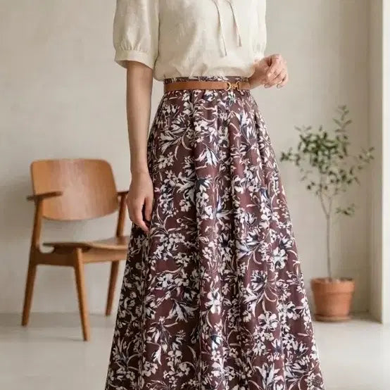 [BUNJANG] Floral Pattern Long Skirt Brown / 플라워 패턴 롱 스커트 브라운