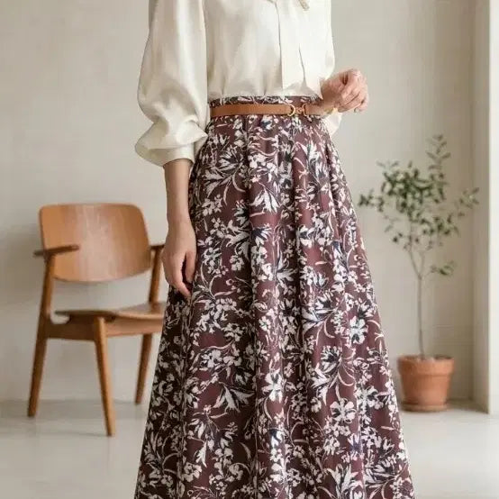 [BUNJANG] Floral Pattern Long Skirt Brown / 플라워 패턴 롱 스커트 브라운