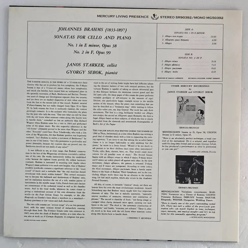 [SOLD OUT] 야노스 스타커 - 브람스 첼로 소나타 리이슈 LP