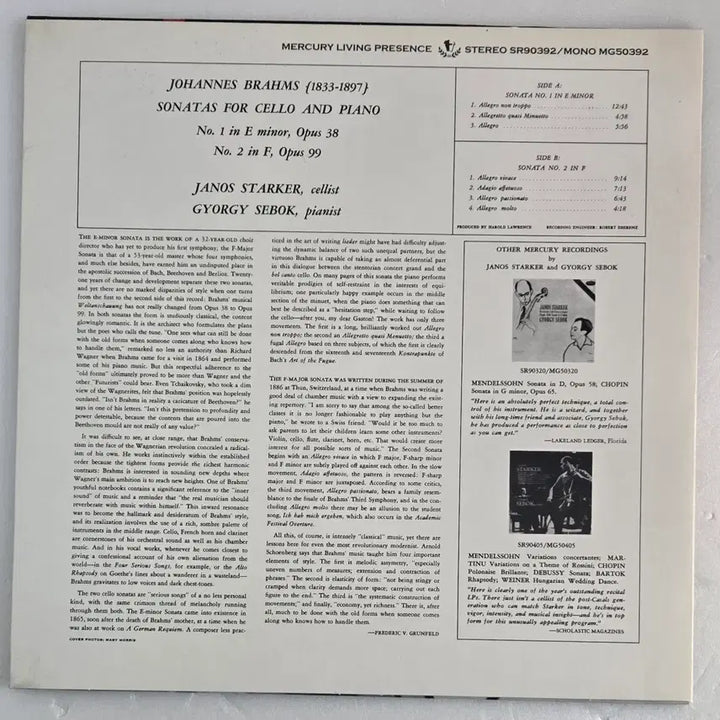 [SOLD OUT] 야노스 스타커 - 브람스 첼로 소나타 리이슈 LP