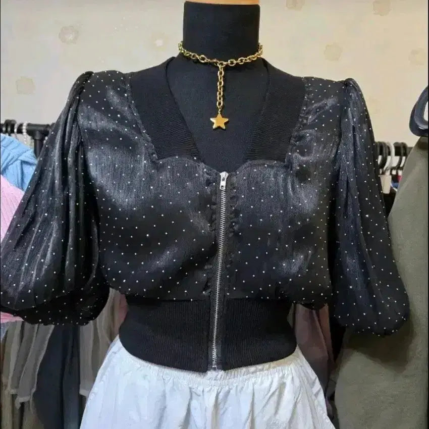 [BUNJANG] Black Dot Puff Sleeve Zip-Up Jacket / 블랙 도트 퍼프 소매 집업 자켓 정리(20.000-15000)
