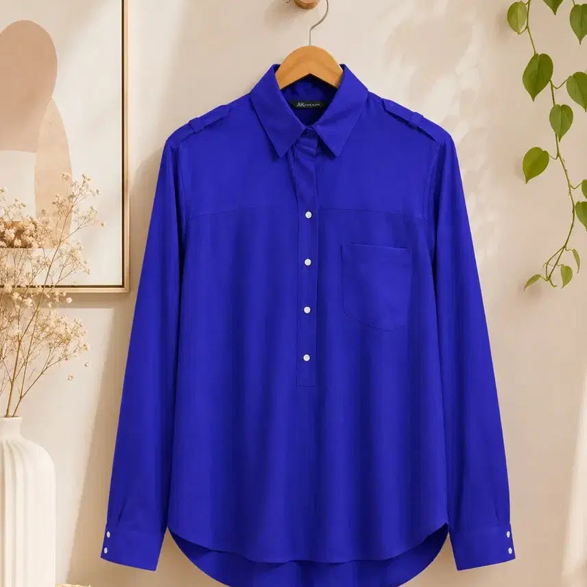 [BUNJANG] Anne Klein Color-Blocked Blouse / 앤클라인 블루보라색 유니크 디자인 블라우스 배색 티 66정도