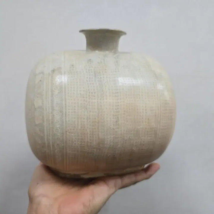 [BUNJANG] Antique Buncheong Ware Incised Decoration Janggun Vase / 골동품 분청자 인화문 장군병