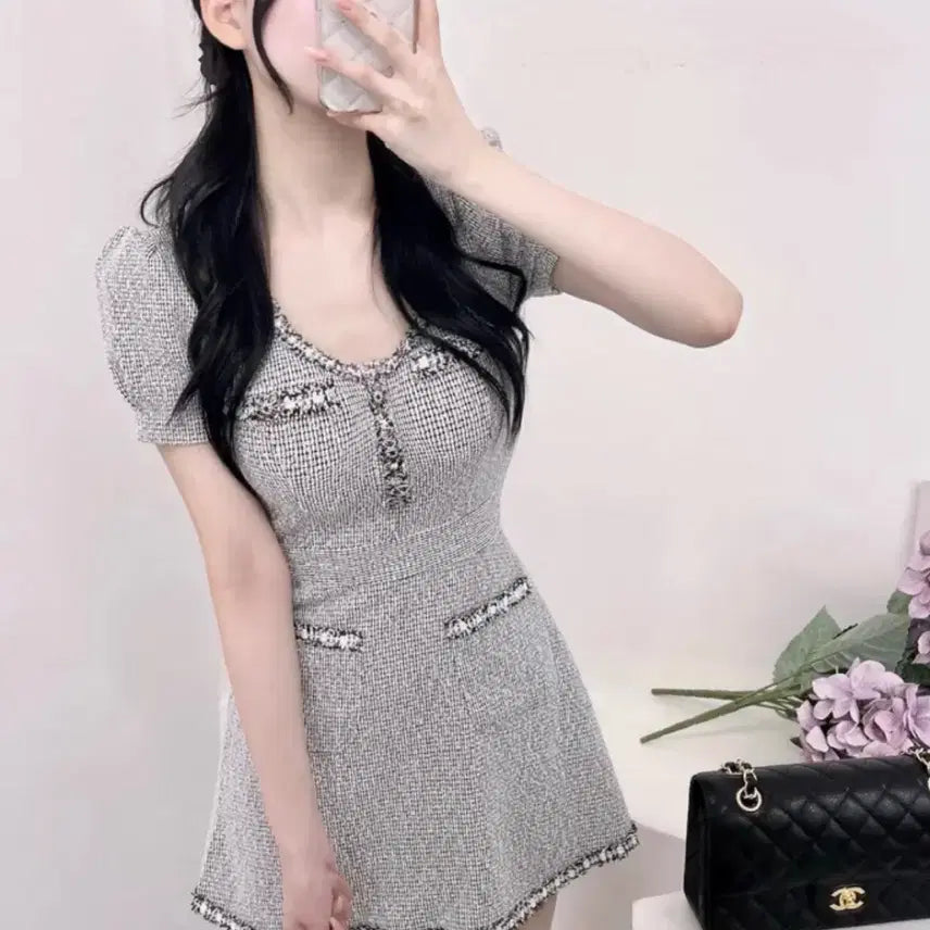 [BUNJANG] A-Line Grey Tweed Dress / 티아라 A라인 그레이 트위드 원피스 수입의류 하객룩 에이블리 스나계