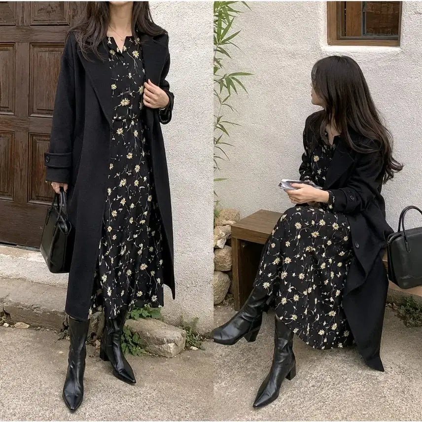 [BUNJANG] Black Flower Pattern Long Dress / 블랙 플라워 패턴 원피스 66