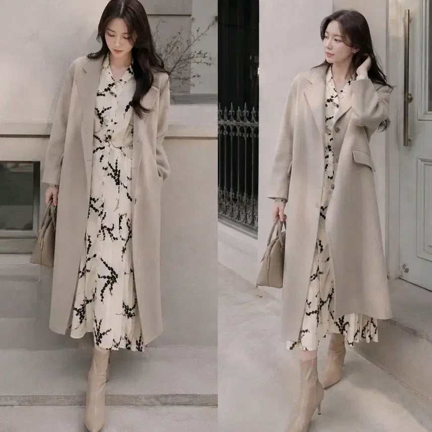 [BUNJANG] Cream Pattern Long Shirt Dress / 크림색 패턴 롱 원피스 44~55