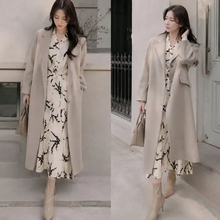 [BUNJANG] Cream Pattern Long Shirt Dress / 크림색 패턴 롱 원피스 44~55