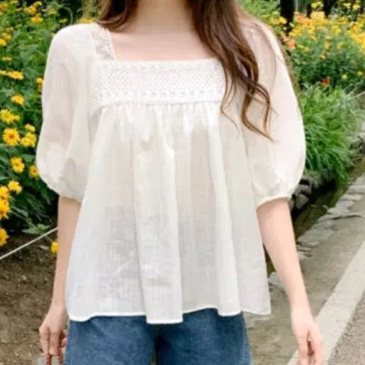 [SOLD OUT] 아뜨랑스 린넨 뜨개자수 레이스 여름 블라우스, 아이보리 free