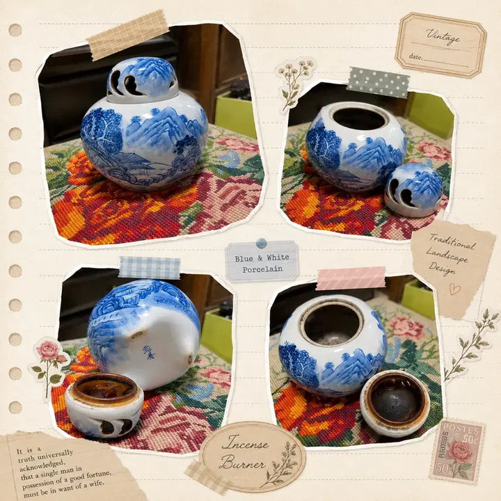 [BUNJANG] Blue and White Porcelain Landscape Vintage Incense Burner / 청화 산수문 빈티지 도자기 향로