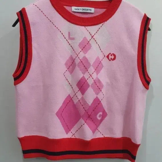 [BUNJANG] Lucky Chouette Argyle Knit Vest Pink Size 38 / 럭키슈에뜨 아가일 니트 조끼 핑크 38