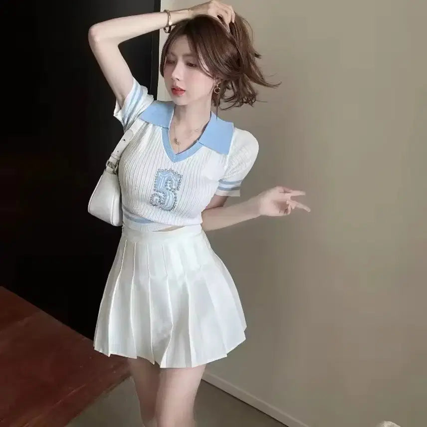 [BUNJANG] Cropped Knit Collar Short Sleeve Top / 크롭 니트카라 반팔