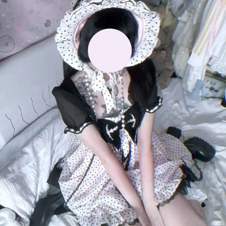 [BUNJANG] Hime Gyaru Chiffon Ribbon Polka Dot Dress + Cardigan Set / 히메갸루 시폰 리본 슬립 도트 드레스 + 가디건 세트