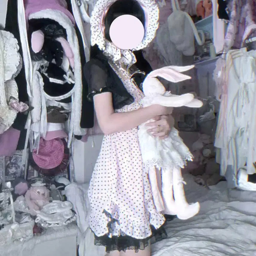 [BUNJANG] Hime Gyaru Chiffon Ribbon Polka Dot Dress + Cardigan Set / 히메갸루 시폰 리본 슬립 도트 드레스 + 가디건 세트
