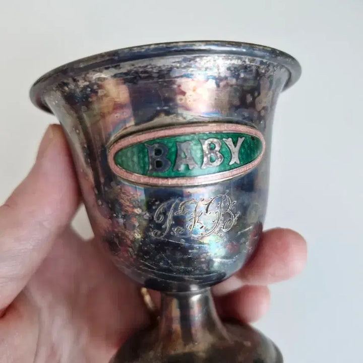 [BUNJANG] Vintage Silver-Plated Baby Cup with Green Enamel Accent / 빈티지 실버플레이트 베이비용 컵 인테리어소품