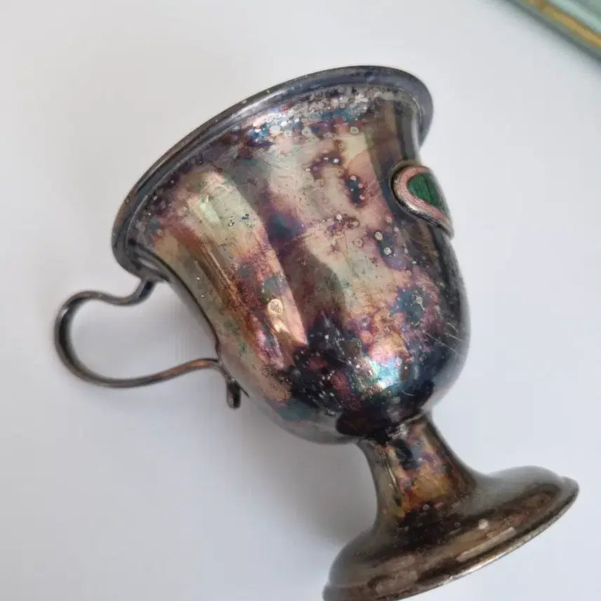[BUNJANG] Vintage Silver-Plated Baby Cup with Green Enamel Accent / 빈티지 실버플레이트 베이비용 컵 인테리어소품