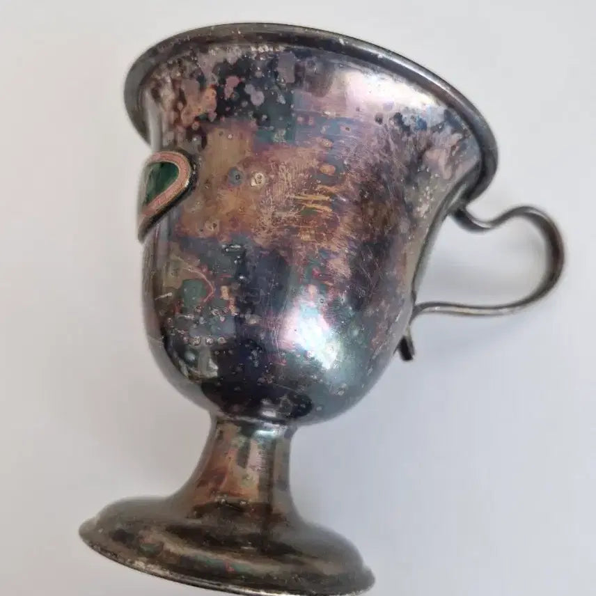 [BUNJANG] Vintage Silver-Plated Baby Cup with Green Enamel Accent / 빈티지 실버플레이트 베이비용 컵 인테리어소품