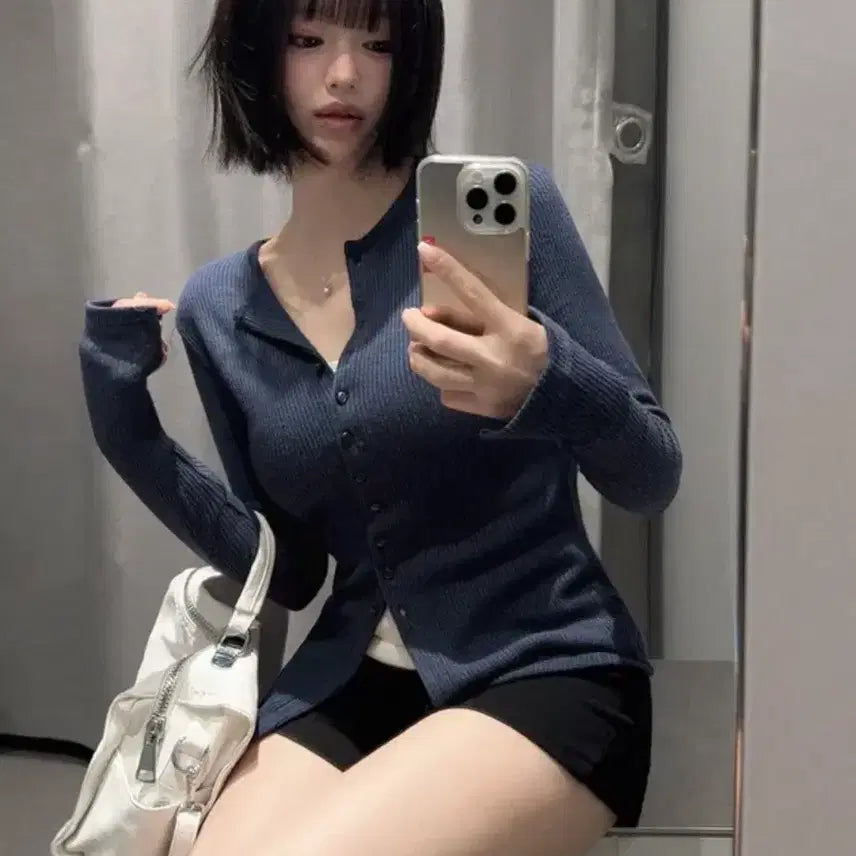 [BUNJANG] Ribbed Button Cardigan Navy / (새옷) 콩단추 골지 가디건 네이비