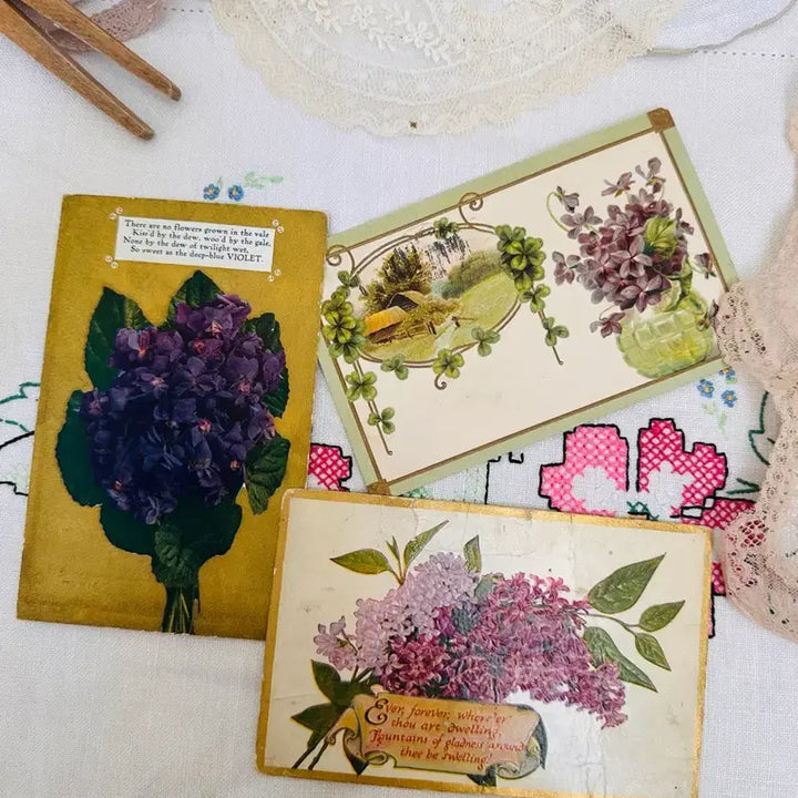 [BUNJANG] Vintage Postcards - Purple Floral Collection (3 Pieces) / 빈티지엽서 보라꽃모음3장&amp;필기체