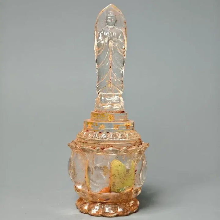 [BUNJANG] Gilt Celadon Crystal Glass Avalokiteśvara Sarira Reliquary - Antique Buddhist Art / 금채 명문 수정유리 관음상 사리함 사리장엄구 골동품 고미술품 수집품