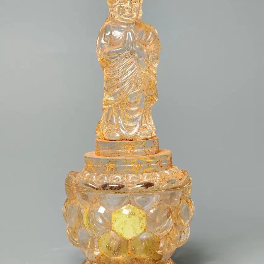 [BUNJANG] Goldsmith inscribed Celadon Porcelain Sarira Casket with Glass Buddha / 금채 명문 유리수정 합장불 사리함 (1) 골동품 불상 불교 고미술품